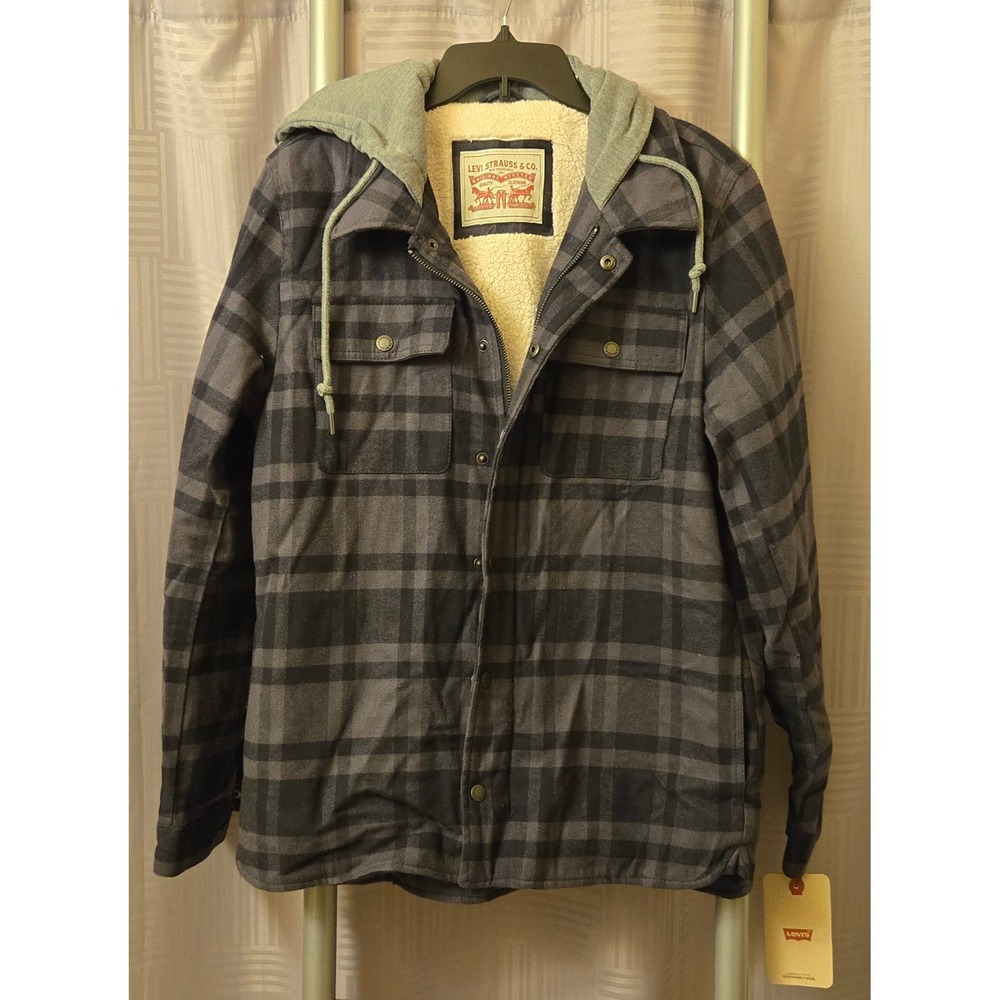 Levi Strauss Mens Sherpa Lined Plaid Hooded Shirt Jacket Charcoal Black NEW